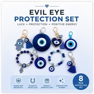 Evil Eye Protection Set 8PCS Nazar Keychain Bracelet Bundle Good Luck Gift